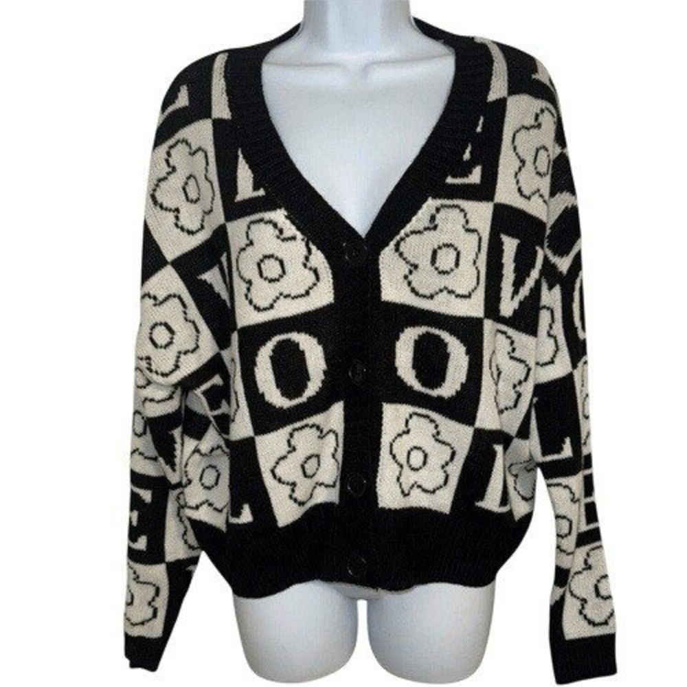 JUST POLLY LOVE Black White Floral Checkerboard Knit Cardigan Sweater EUC S - Picture 2 of 6